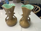 Pair 2 Red Wing RumRill Pottery Tan w/Green Interior Vases 7 1/2” #505