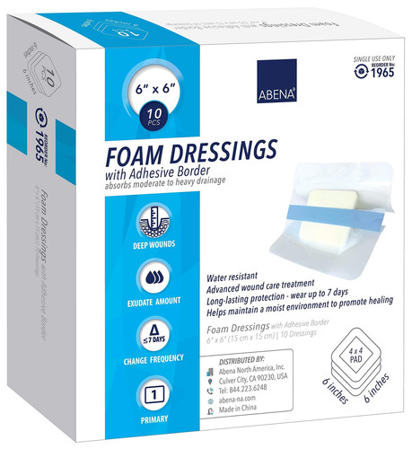 Abena Foam Dressing w/Film Backing & Adhesive Border, Sterile, 6" x 6" pad w/... - Picture 1 of 2