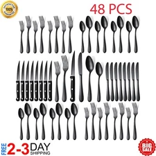 48-Piece Black Silverware Set for 8, Stainless Steel Cutlery Utensils Kitchen