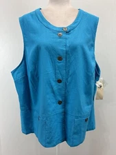 Melrose Studio Linen Blend Sleeveless Shirt Sz 22 Plus Blue Button Up Lagenlook