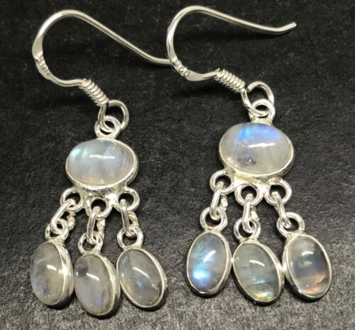 rainbow moonstone drop earrings, Solid Sterling Silver, oval chandelier. Box - Picture 1 of 10