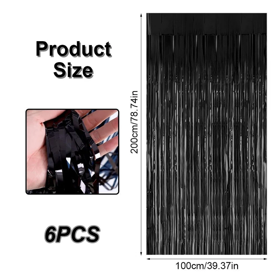 6 Pièces Rideau Anniversaire 1m X 2m Noir Rideau Métallique de Frange Rideau ... - Photo 2/4