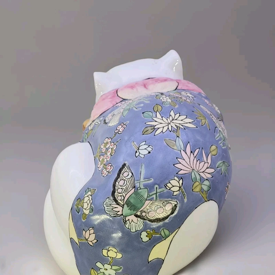 Gato durmiente chino grande vintage de porcelana pintado a mano Foto 4 de 4