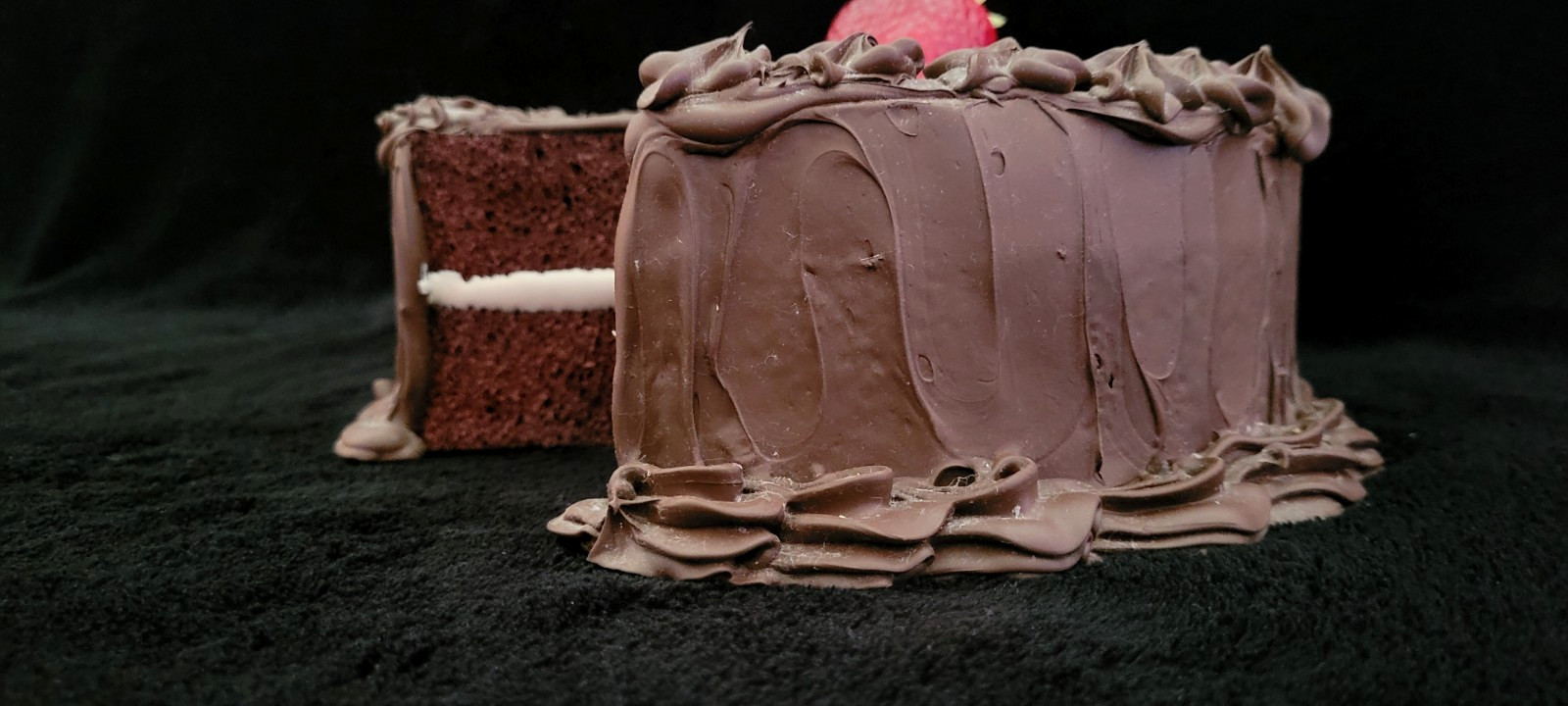 Vintage Fake Food Chocolate Icing Chocolate Slice out Cake with Strawberries 