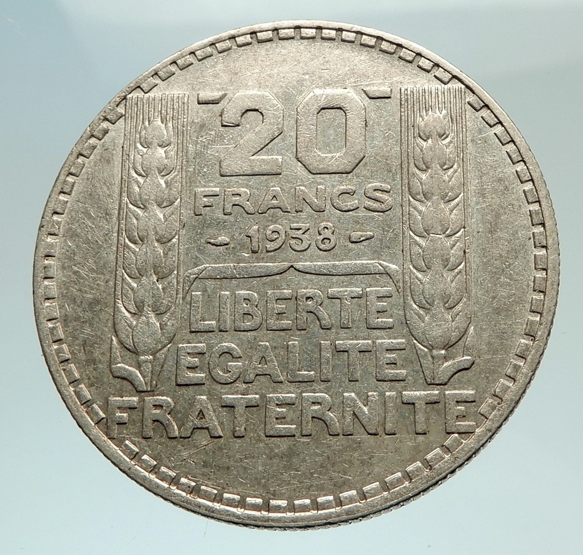 1938 FRANCE Authentic Large Silver 20 Francs Genuine French MOTTO