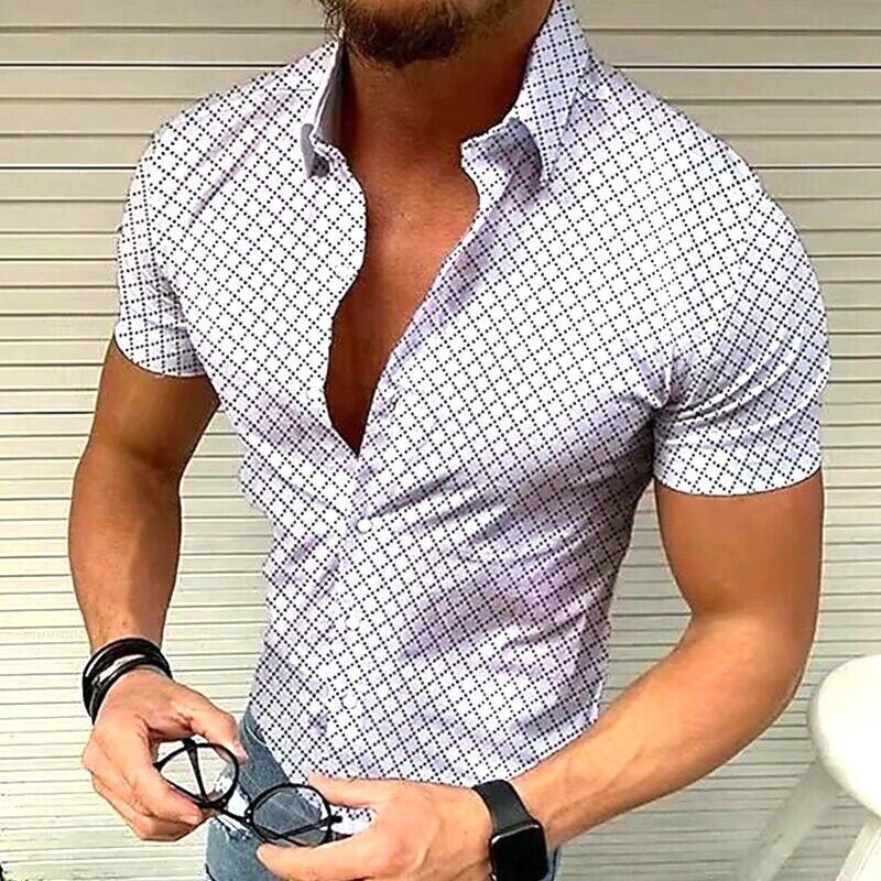 Button Down Shirt Men Fashion White Lattice Short Sleeve Camisa Fitness T  Dress
