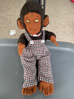 Vintage RP Brass Eyes Ribbon Monkey Chimp Stuffed Animal Face  Overalls Cute 15 