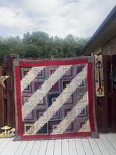 Antique 1800s NC Log Cabin Quilt Turkey Red Indigo Gingham Back 76.5 x 75