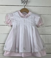 vtg PETIT AMI Sz 2T Pinafore Pintuck Apron Dress Pink White Pleated Embroidered