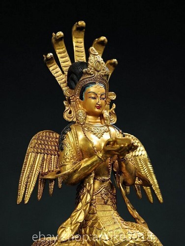 10" Old Chinese Copper Gild Buddhism 5-Heads Snake Naga Kanya Statue - Picture 7 of 8
