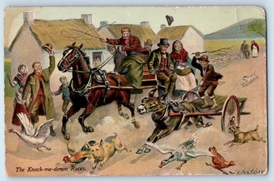 c1910's The Knock Me Down Races Horses Racing Animals Scene Antique Postcard