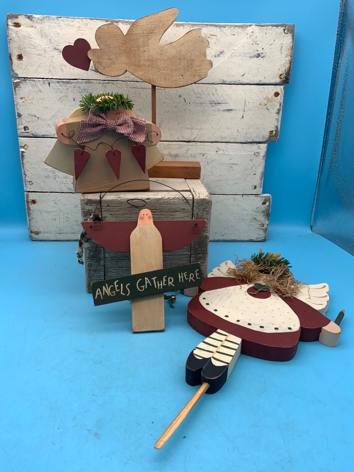 Primitive Folk Art Wooden Angels, Country Decor (4)