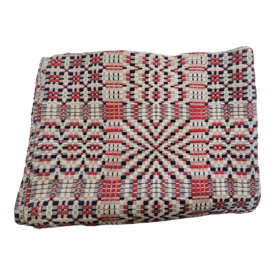 Antique Hand-Loomed  Coverlet Blanket 78"x 63" Red, White  & Blue  Americana - Image 4 of 4