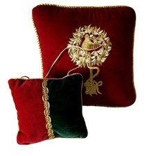 Vintage Red Velvet Pillow Set With Gold Embroidered Bird  Green Accent Cushion