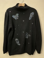 Amanda Smith Sweater Silk Angora Blend Women's Sz L Rhinestones Beaded Black