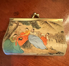 Vintage Kiss-Lock Coin Purse Metal Frame, Asian Art Scenic Print, Red Lined