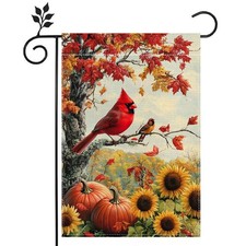 Fall Garden Flag 12x18in Double Sided Burlap Cardinal Pumpkin Autumn Maple Leaf