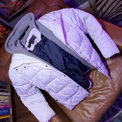 Tommy Hilfiger Men's Hooded Puffer Jacket White/Gray Logo Quilted Size L/G