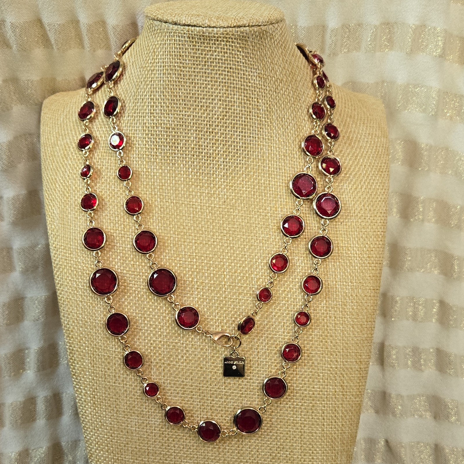 Anne Klein Layered Ruby Red Glass Station Long Necklace Gold Tone Round Link 42