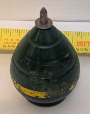 VTG Wooden SPINNING TOP with Metal Tip Toy Green w Yellow Stripe 2 3/4 Inches