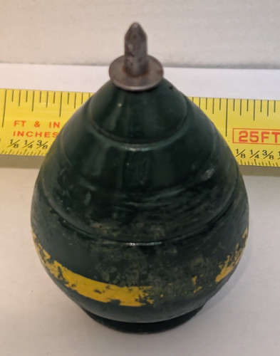 VTG Wooden SPINNING TOP with Metal Tip Toy Green w Yellow Stripe 2 3/4 Inches