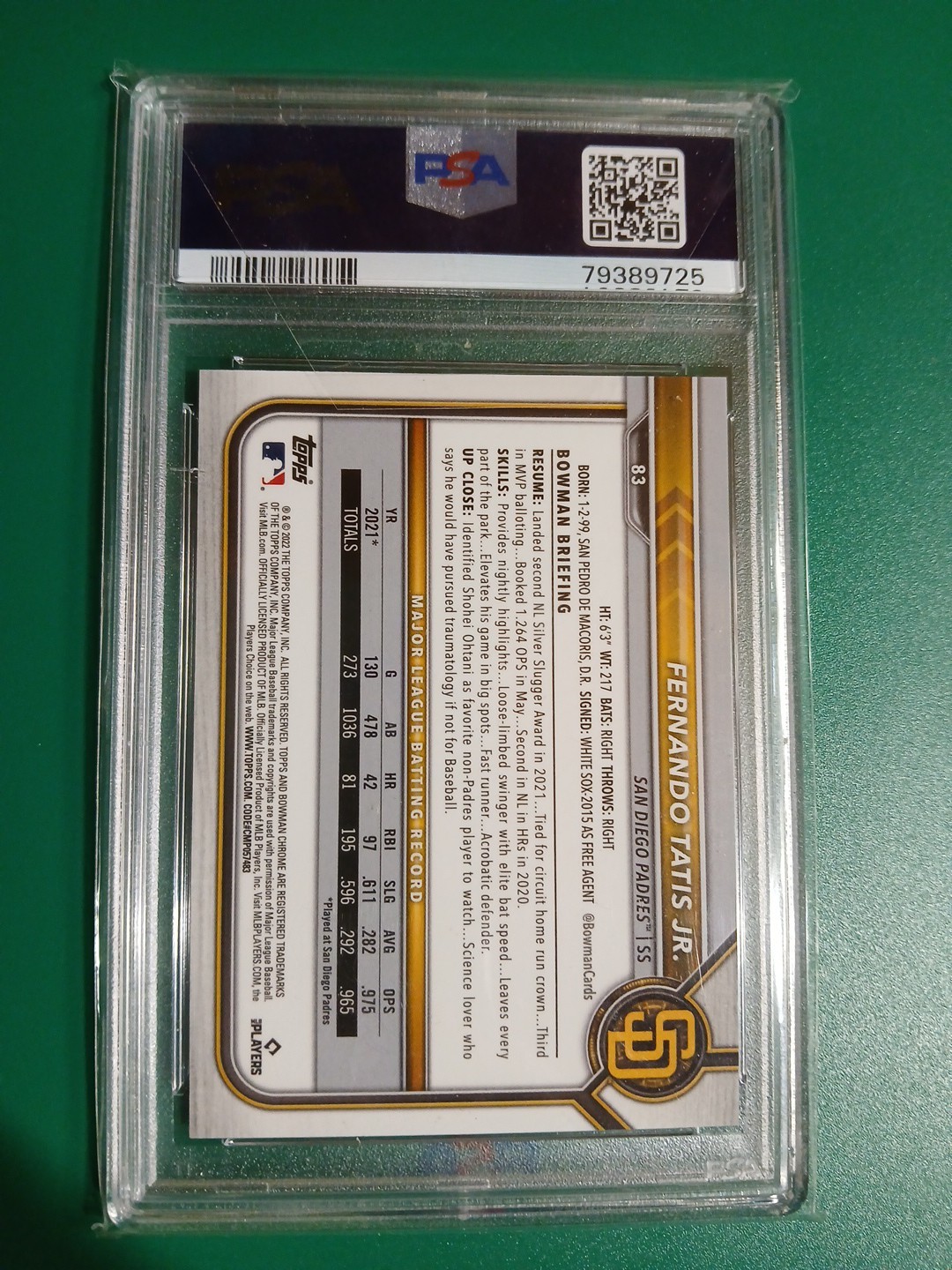 2022 Bowman Chrome Sapphire FERNANDO TATIS JR # 6 /75 ORANGE REFRACTOR PSA 9 view 3