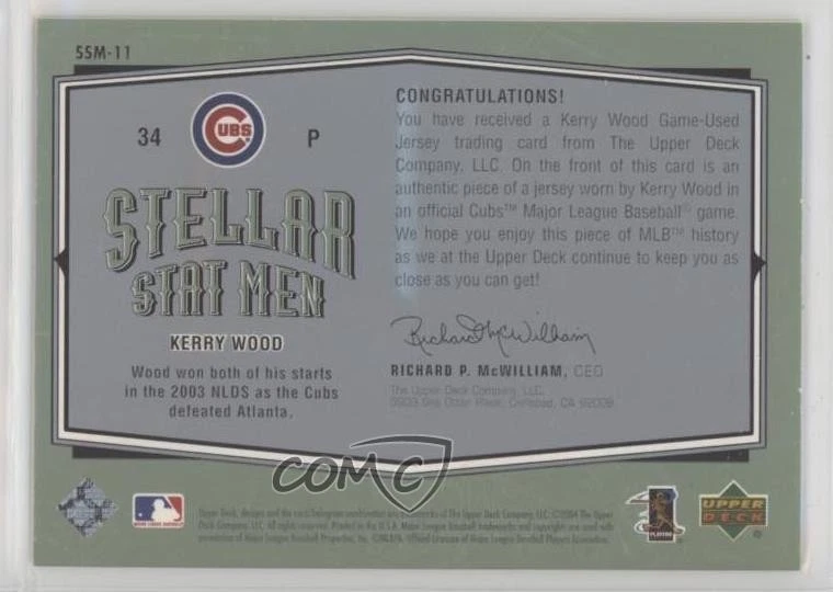2004 Upper Deck Vintage Stellar Stat Men Kerry Wood #SSM-11 - Image 2 of 2