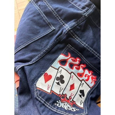 JNCO Jeans Mens Dark Wash Wide Leg Baggy Denim Four Aces Flame Graphic 90s Y2K