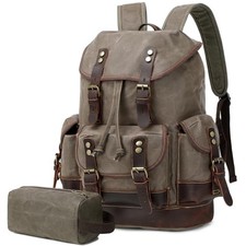 Leather Backpack for Men, Waxed Canvas Vintage Backpack Rucksack Army Green