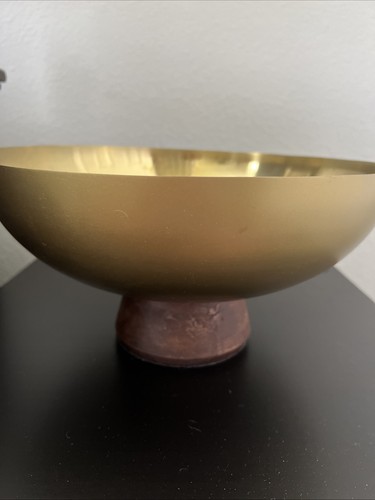 Gold Tone Metal Bowl With A Wood Pedestal Base. 12 Wide 6 Tall Catch All