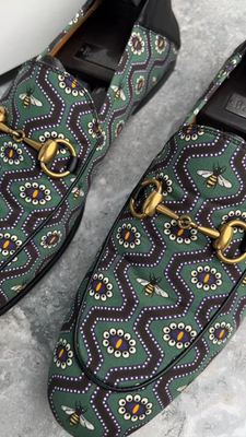 Gucci Canvas Bees Print Horsebit Brixton Loafers Green size 11.5 Gucci Canvas Bees Print Horsebit Brixton Loafers Green 7.5 G  main image 2