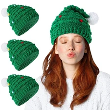 Jeyiour 3 Pieces Christmas Tree Hat Winter Knitted Crochet Beanie Christmas K...