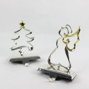 Set of 2 Silver & Gold Tone Over-Mantel Christmas Stocking Hangers Tree & Angel