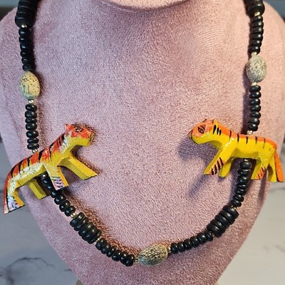 Tiger necklace painted wood beads Mardigras boho jungle cats vintage