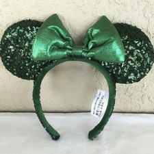 Disney Parks Edition Emerald Green Sequins Minnie Mickey Ears Bow Headband NWT