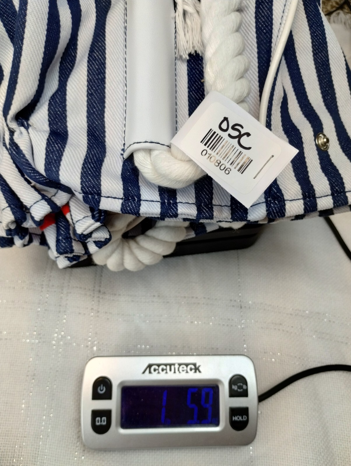 Chico's Beach Tote Bag Navy White Striped Polyester Large Rope Double ...