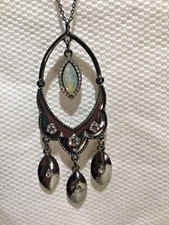 Long Necklace Earring Set Chain Fishhook Earrings Blue Bead Gunmetal Tone