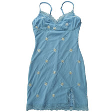 Lovely Day Slip Dress Short Lace Trim Embroidered Spaghetti Strap Blue Sz S