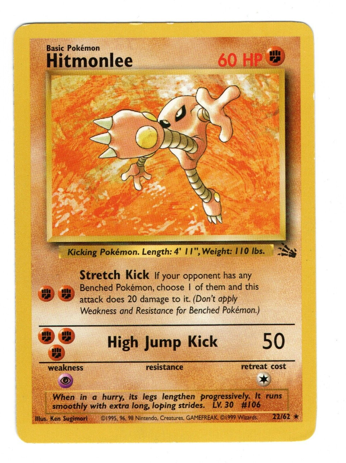 Hitmonlee Holofoil Lightly Used Real Card. 22/62 Fossil Set 