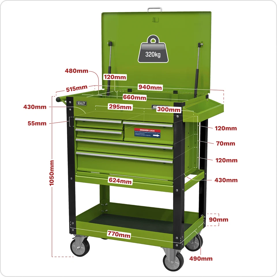 Sealey Heavy Duty Mobile Tool & Parts Trolley  5 Drawers Lockable Top AP890MHV - Image 2 of 4