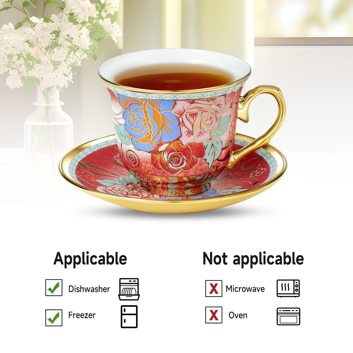 Tea Cups and Saucers Tea Cup Set of 6 8 OZ Floral Tea Cups