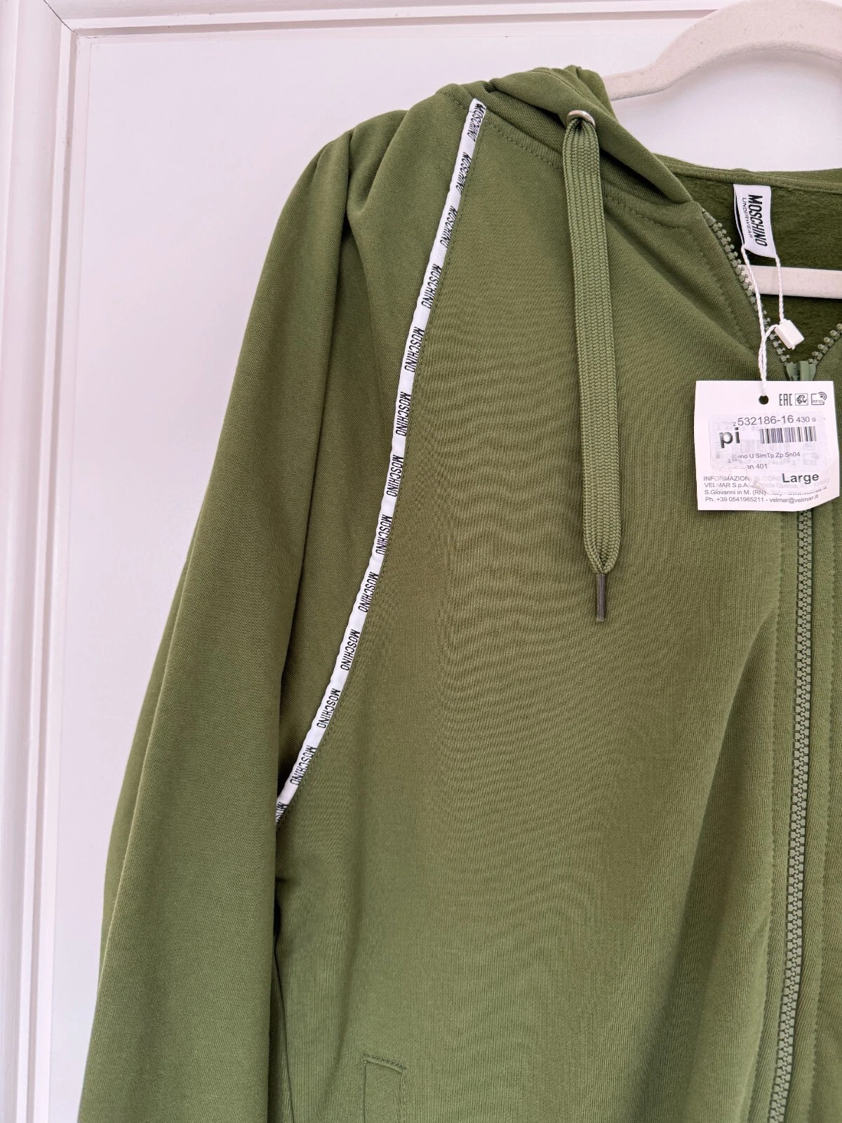 Felpa con cappuccio e zip Moschino intimo uomo verde kaki nuova con etichette taglia large prezzo consigliato £105