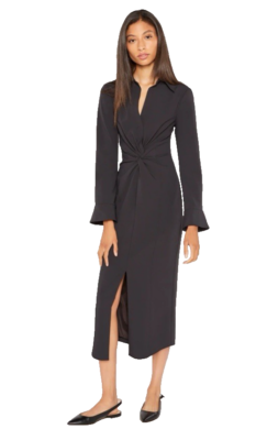 knee length dresses for ladies Mckenna Shoulder Tie Tiered Ruffle Cotton Midi Dress (Black)