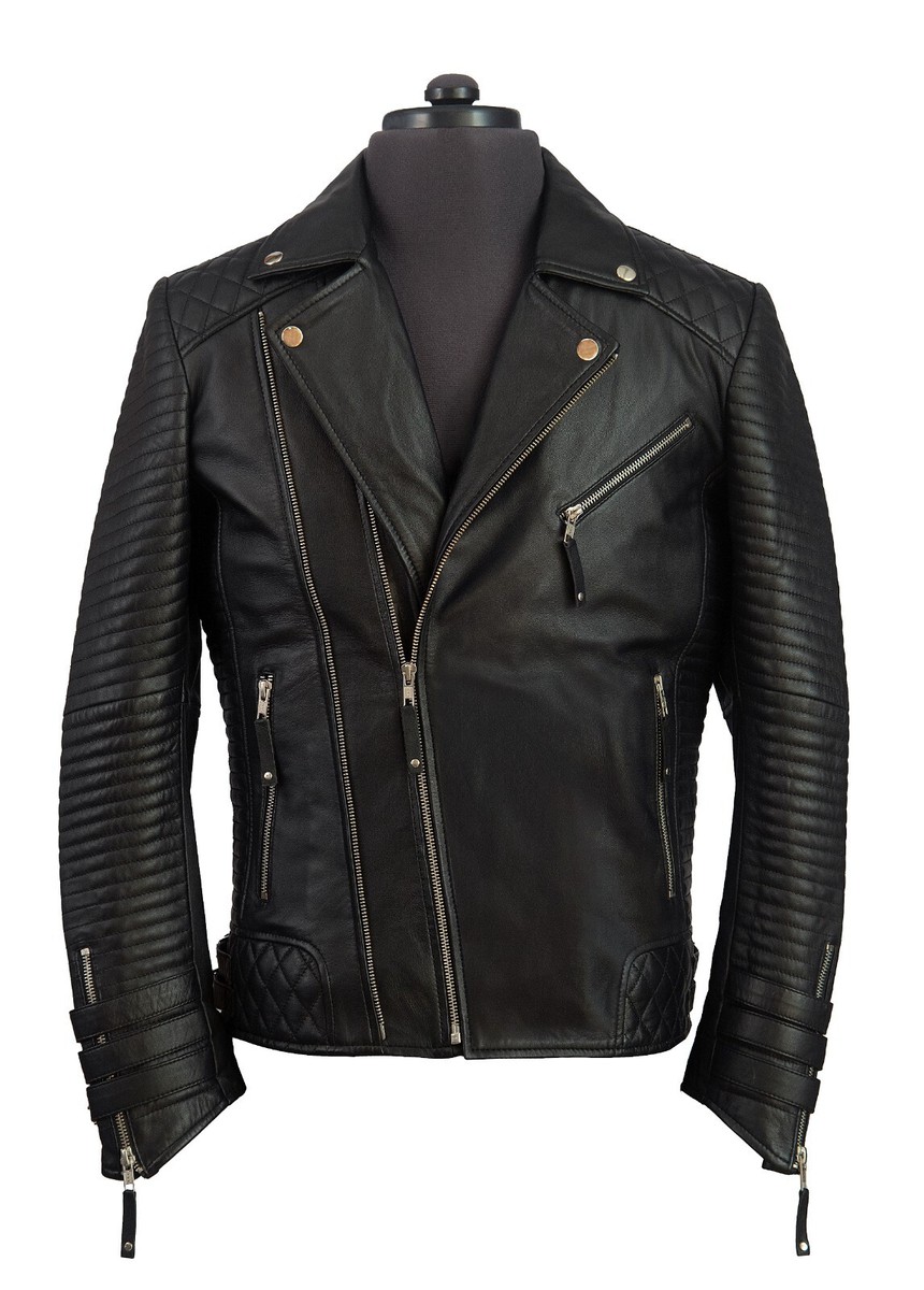 Handmade Mens Black Biker Leather Jacket Black Sheep Leather