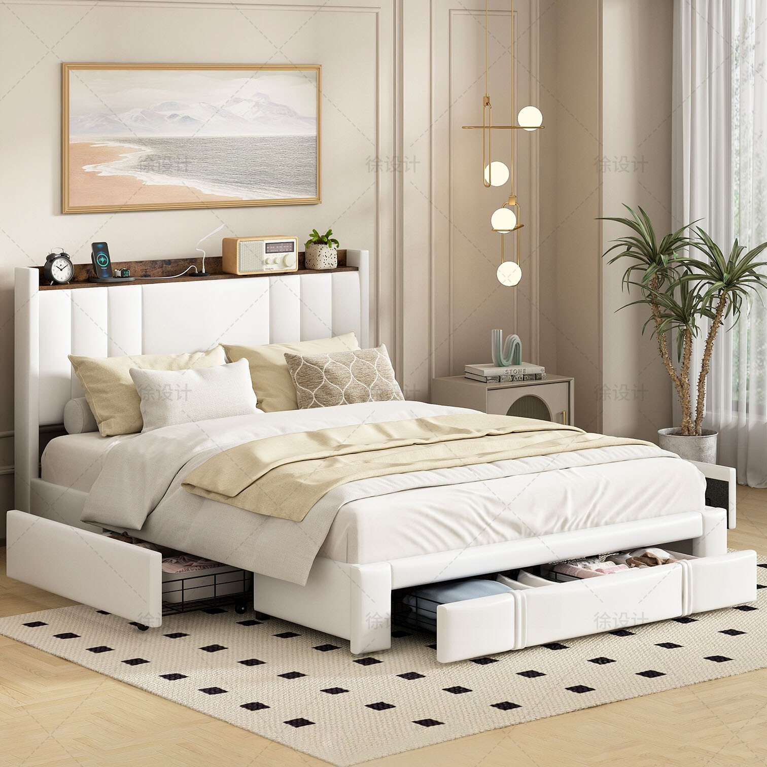 Bed Frame with USB Ports  Upholstered Platform Bed with Drawers .reding light-image