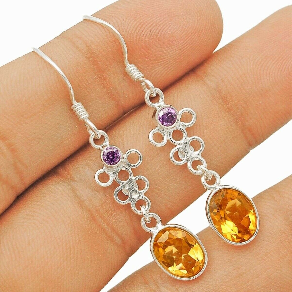 Natural Golden Citrine Drop Earrings in 925 Sterling Silver 1 3/4 Inches Long B4-6