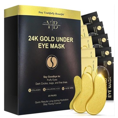24K Gold Under Eye Patches (20 Pairs) Anti-Wrinkle Hydrogel Eye Mask with Col...