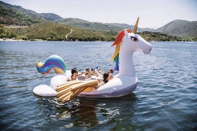 Rainbow Unicorn Inflatable Floating River/Lake 5-Person Party Island w/Cooler