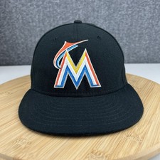Miami Marlins Hat Cap Fitted Size 7 1/8 New Era Black 59Fifty On Field Authentic