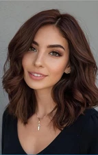 100% Human Hair New Fashion Charm Women's Medium Dark Brown Wavy Full Wigs 14 In